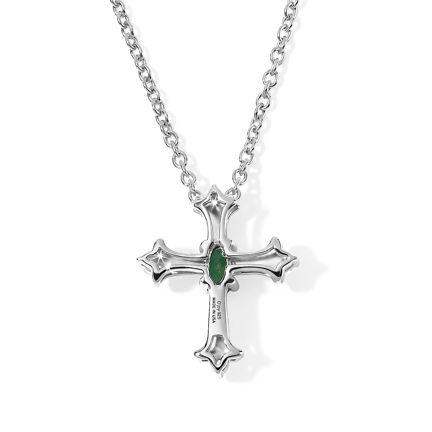 D'Joy Premium Kagem Zambian Emerald and White Zircon 0.35 ctw Cross of Faith Pendant Necklace (20 Inches) in Rhodium Over Sterling Silver