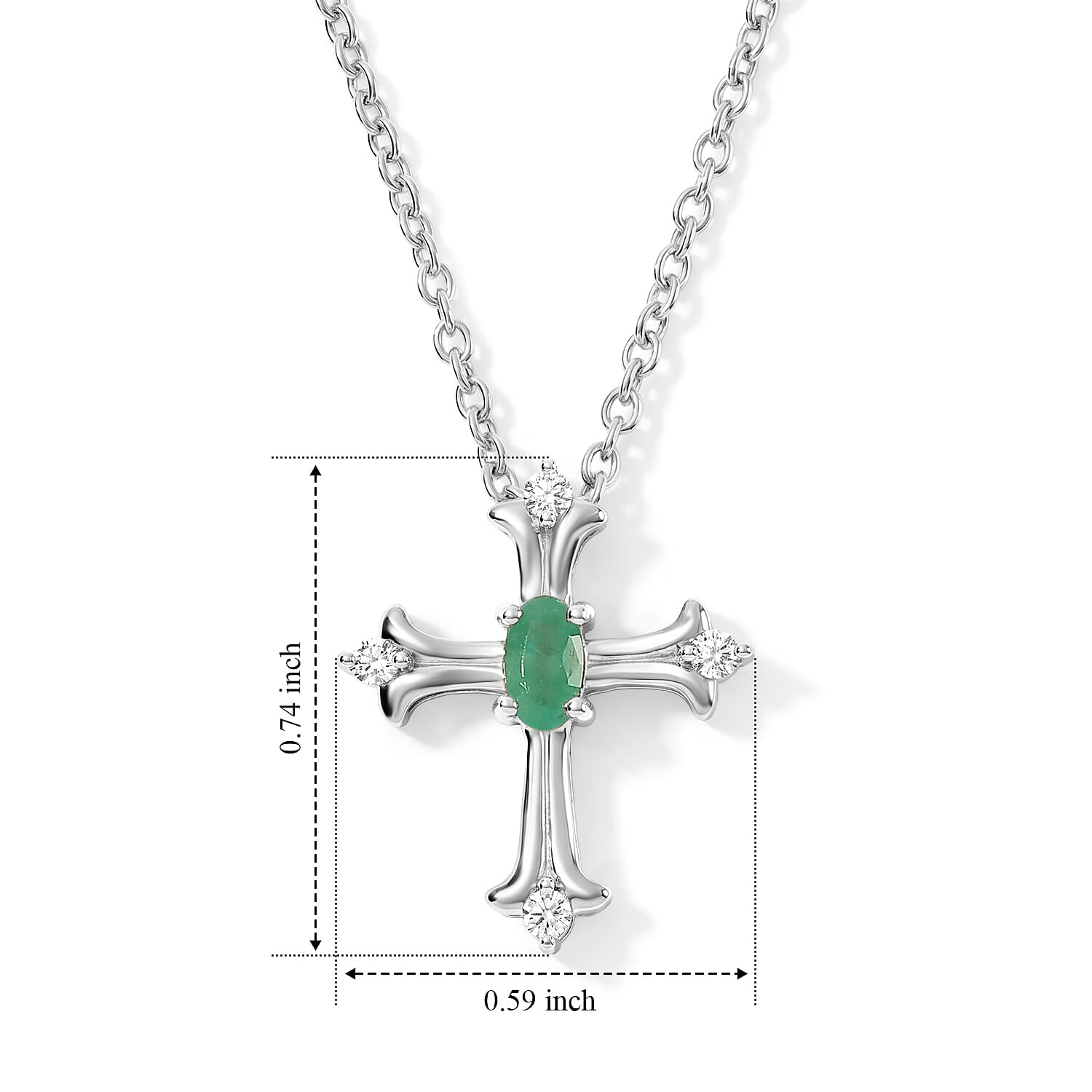 D'Joy Premium Kagem Zambian Emerald and White Zircon 0.35 ctw Cross of Faith Pendant Necklace (20 Inches) in Rhodium Over Sterling Silver