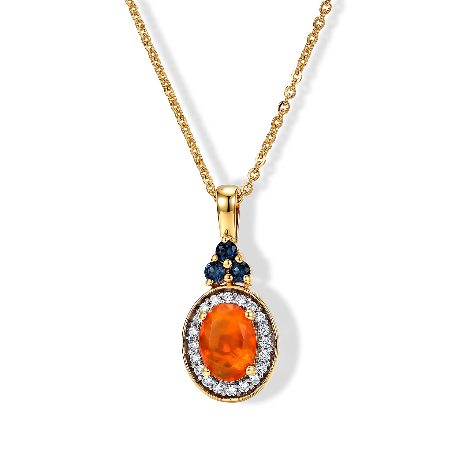 D'Joy AAA Crimson Fire Opal and Multi Gemstone 0.75 ctw Fiery Sapphire Halo Pendant Necklace in 18K Vermeil Yellow Gold Over Sterling Silver 20 Inches