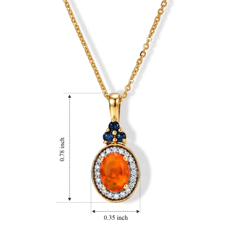 D'Joy AAA Crimson Fire Opal and Multi Gemstone 0.75 ctw Fiery Sapphire Halo Pendant Necklace in 18K Vermeil Yellow Gold Over Sterling Silver 20 Inches