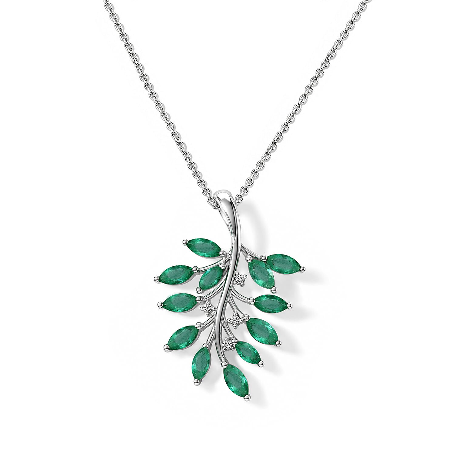 D''Joy Premium Kagem Zambian Emerald and White Zircon 1.60 ctw Pendant Necklace in Rhodium Over Sterling Silver 20 Inches