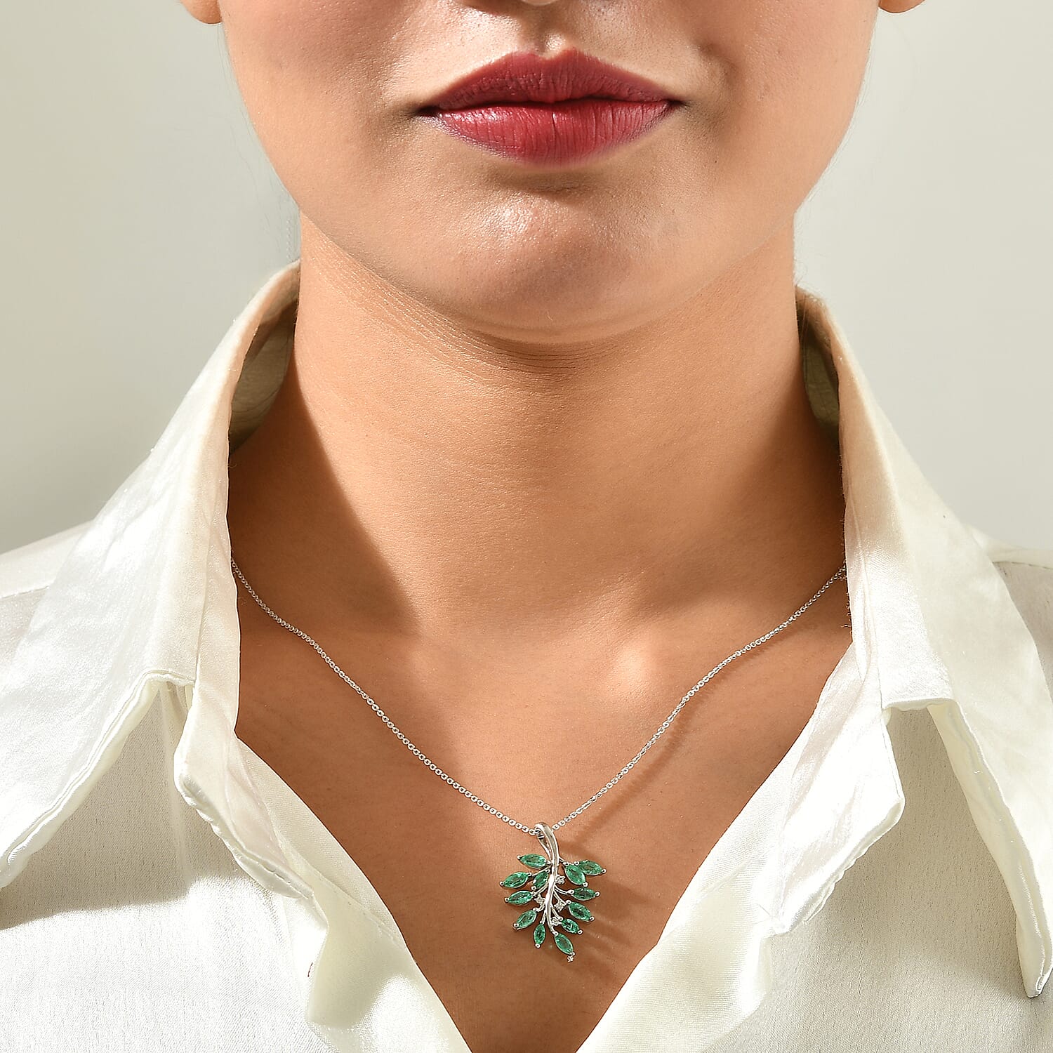 D'Joy Premium Kagem Zambian Emerald and White Zircon 1.60 ctw Verdant Vine Pendant Necklace in Rhodium Over Sterling Silver 20 Inches