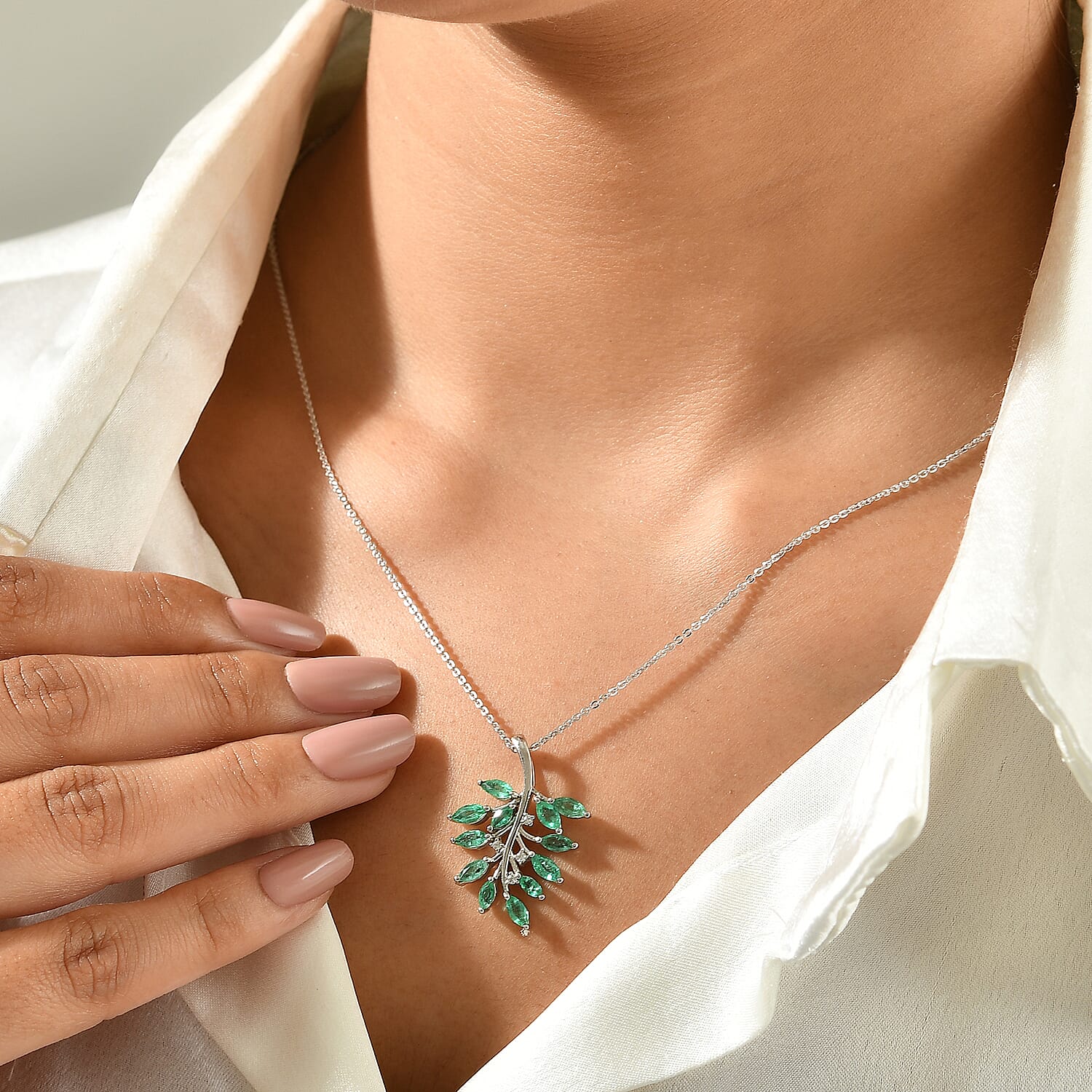 D'Joy Premium Kagem Zambian Emerald and White Zircon 1.60 ctw Verdant Vine Pendant Necklace in Rhodium Over Sterling Silver 20 Inches