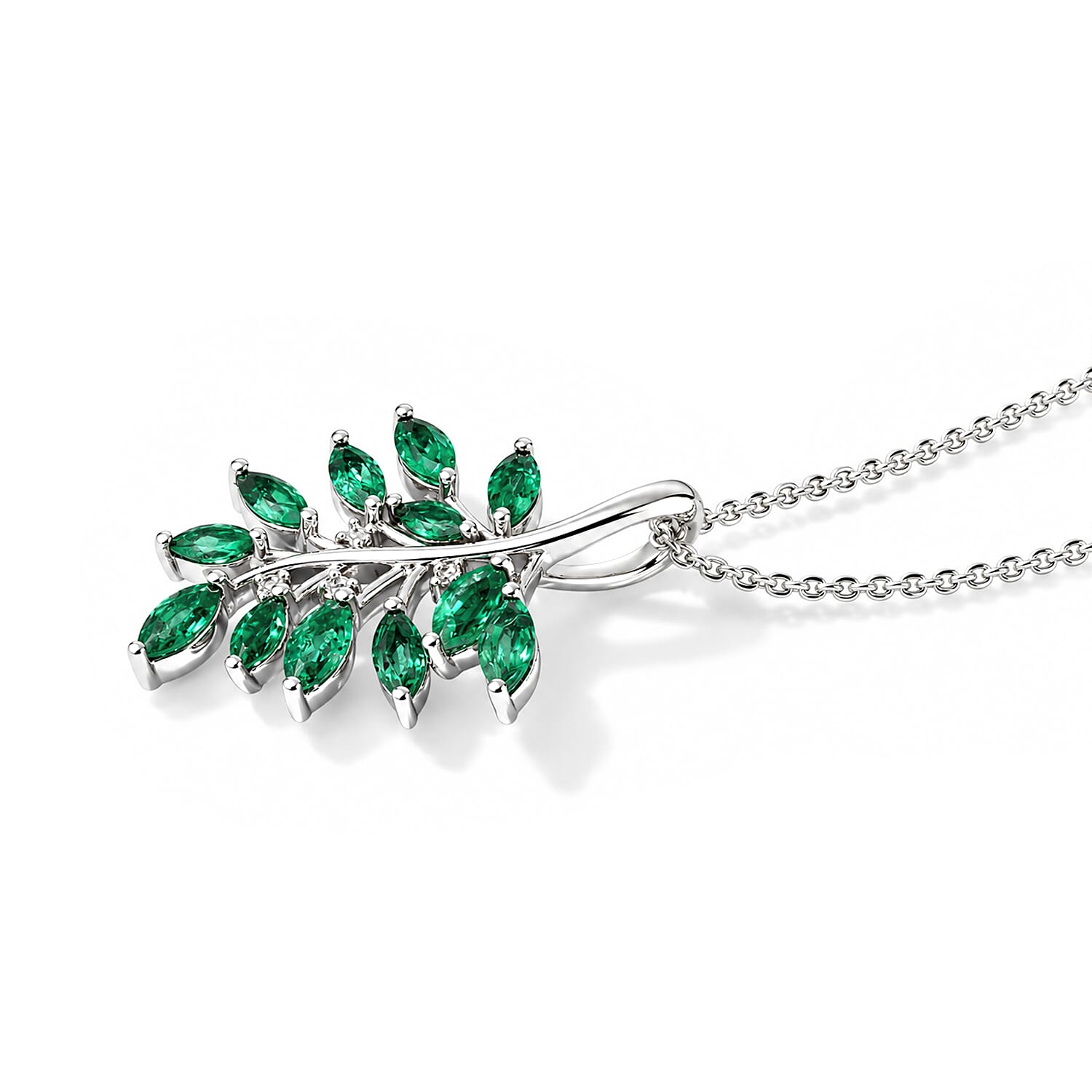 D'Joy Premium Kagem Zambian Emerald and White Zircon 1.60 ctw Verdant Vine Pendant Necklace in Rhodium Over Sterling Silver 20 Inches