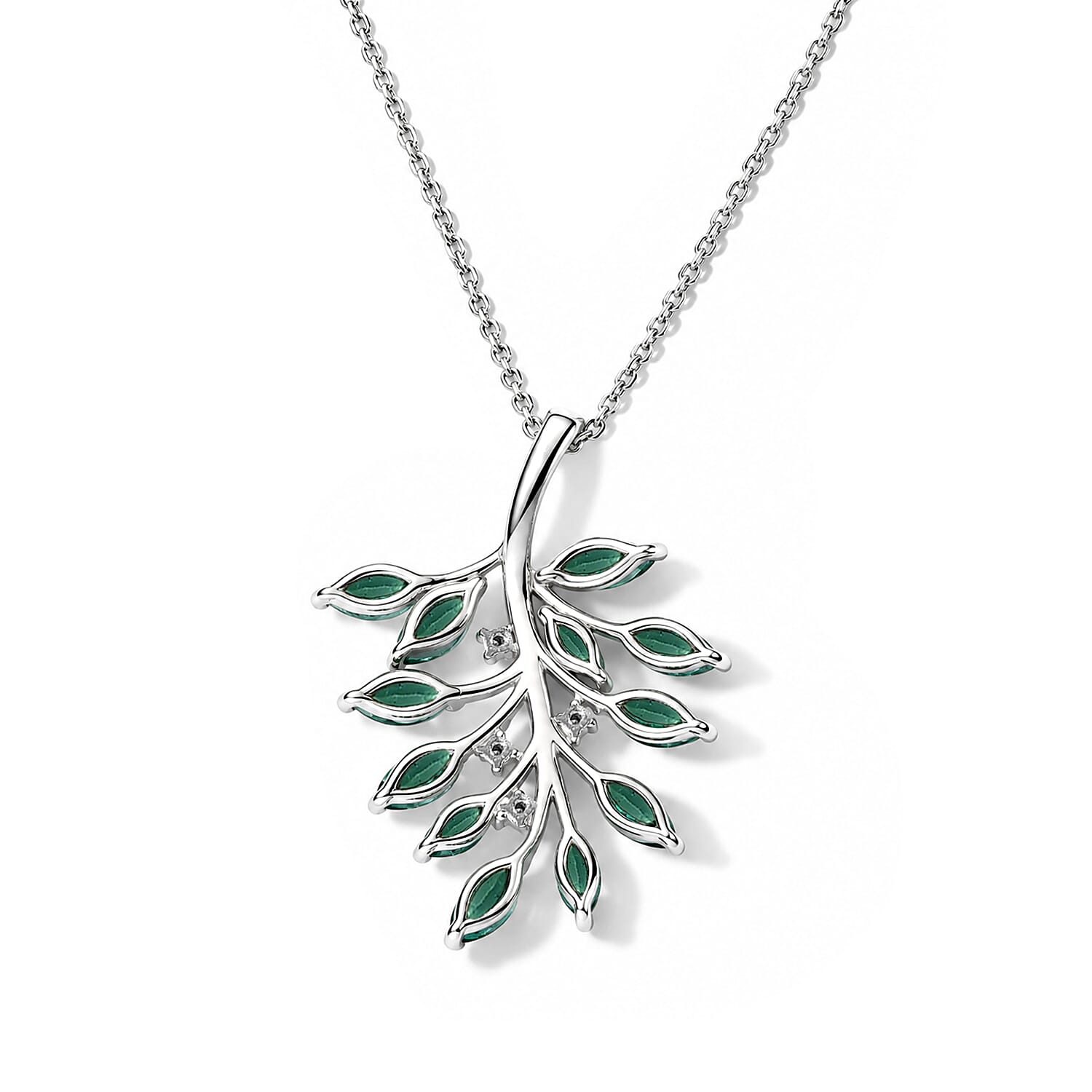D'Joy Premium Kagem Zambian Emerald and White Zircon 1.60 ctw Verdant Vine Pendant Necklace in Rhodium Over Sterling Silver 20 Inches