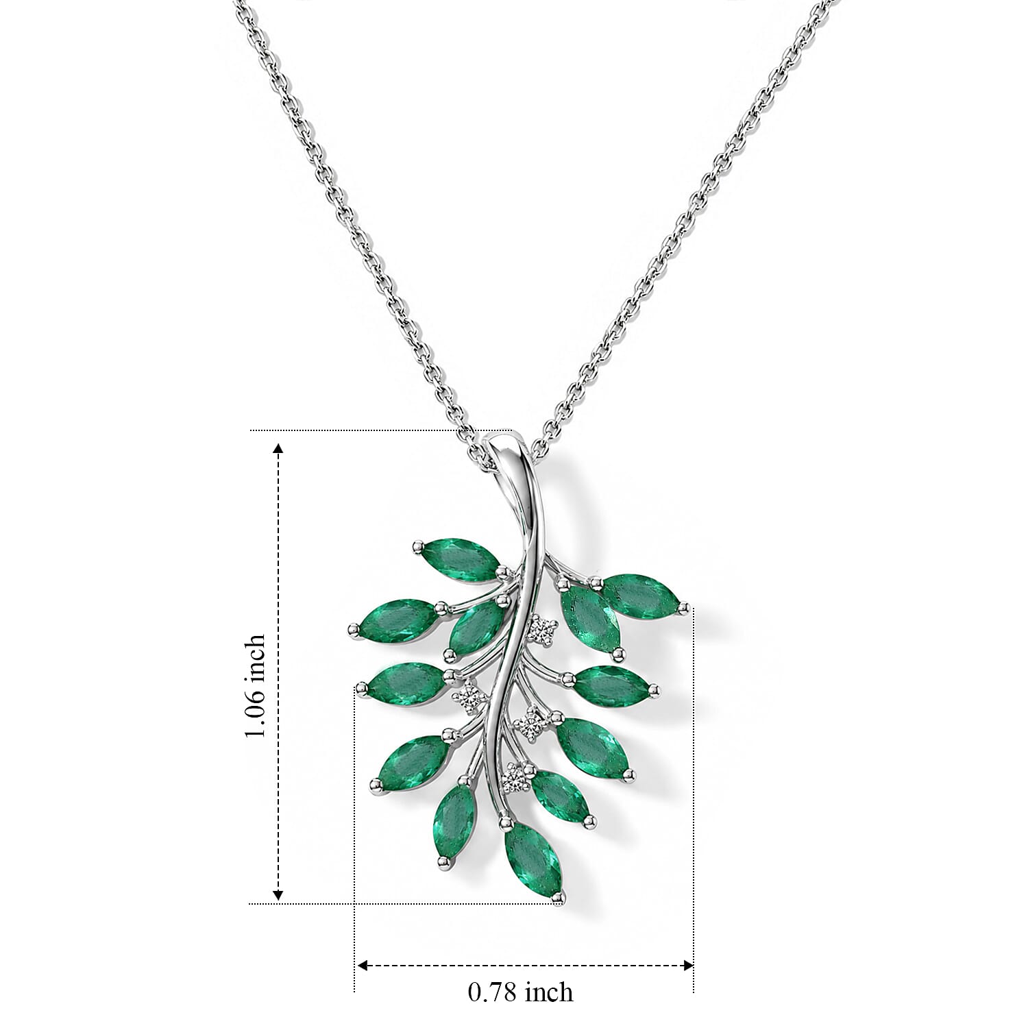 D'Joy Premium Kagem Zambian Emerald and White Zircon 1.60 ctw Verdant Vine Pendant Necklace in Rhodium Over Sterling Silver 20 Inches