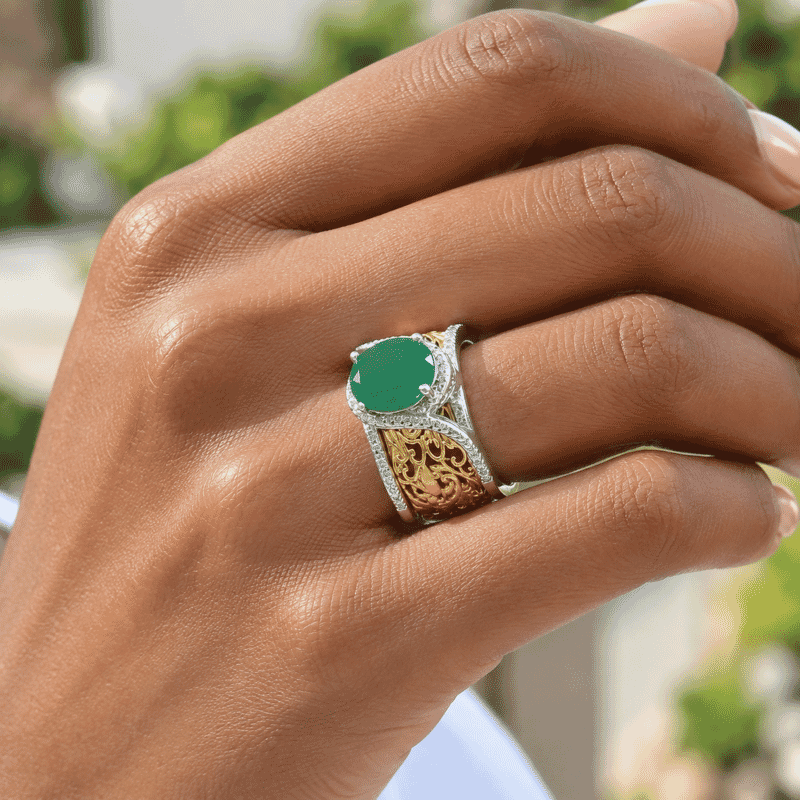 EverTrue Verde Onyx 3.50 ctw Set of 2 Eternal Garden Ring in 18K YG Plated and Platinum Bond (Size 5)