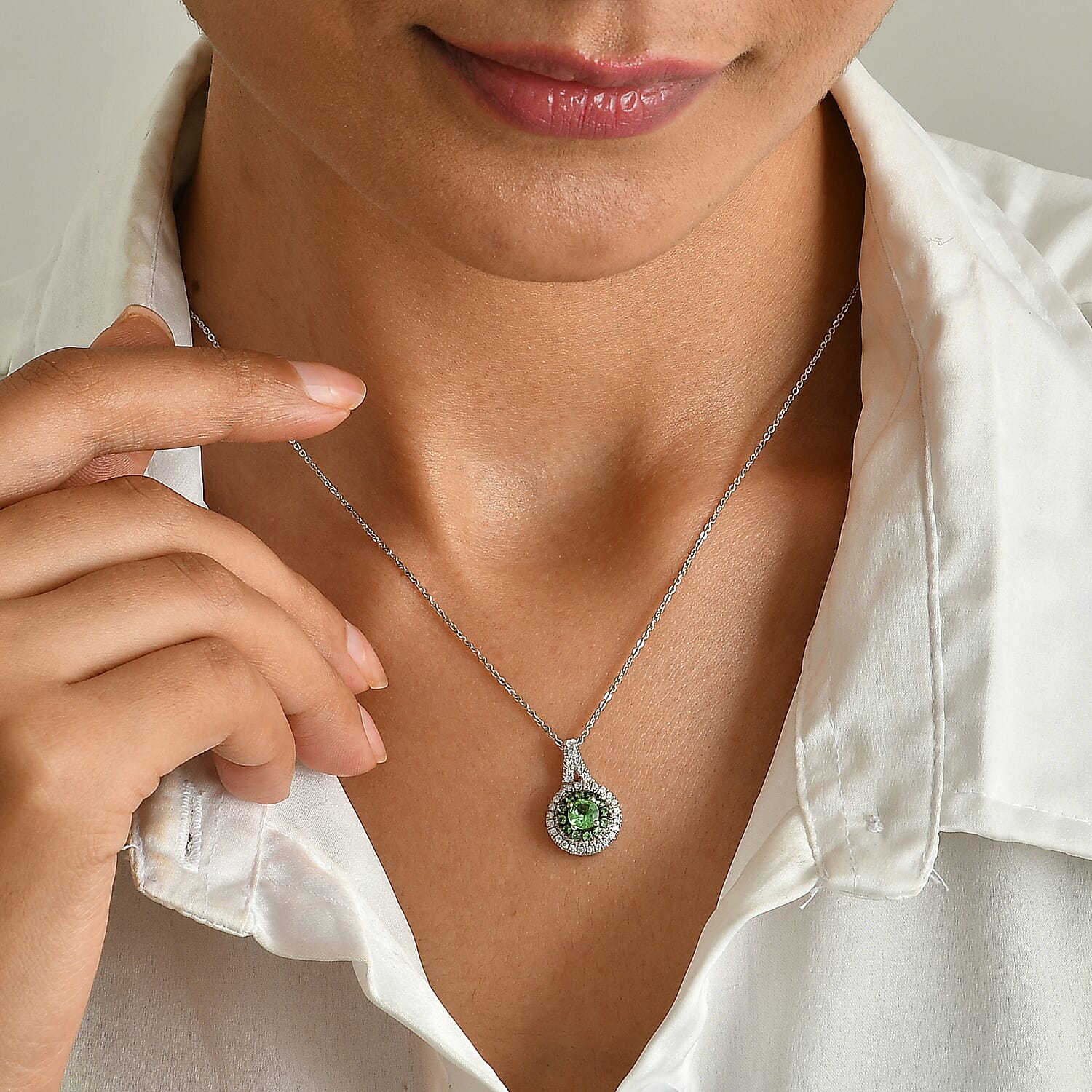 D'Joy Premium Tsavorite Garnet and Moissanite 0.90 ctw Pendant Necklace in Rhodium Over Sterling Silver 20 Inches