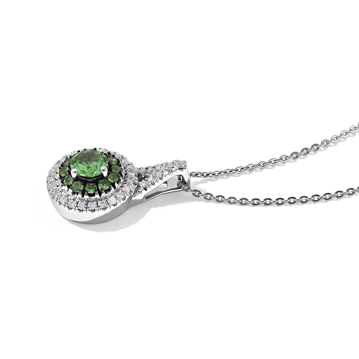 D'Joy Premium Tsavorite Garnet and Moissanite 0.90 ctw Pendant Necklace in Rhodium Over Sterling Silver 20 Inches