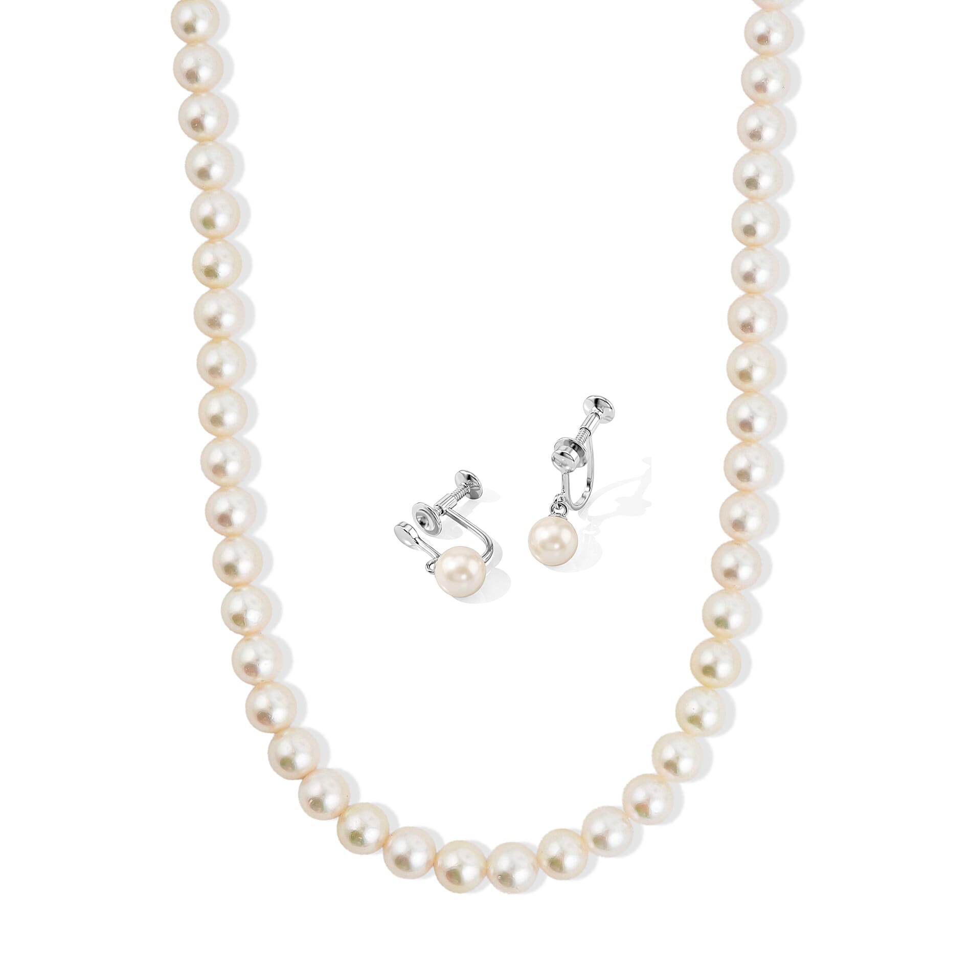 Japanese Akoya Pearl Earrings and Necklace in Sterling Silver 16 Inches