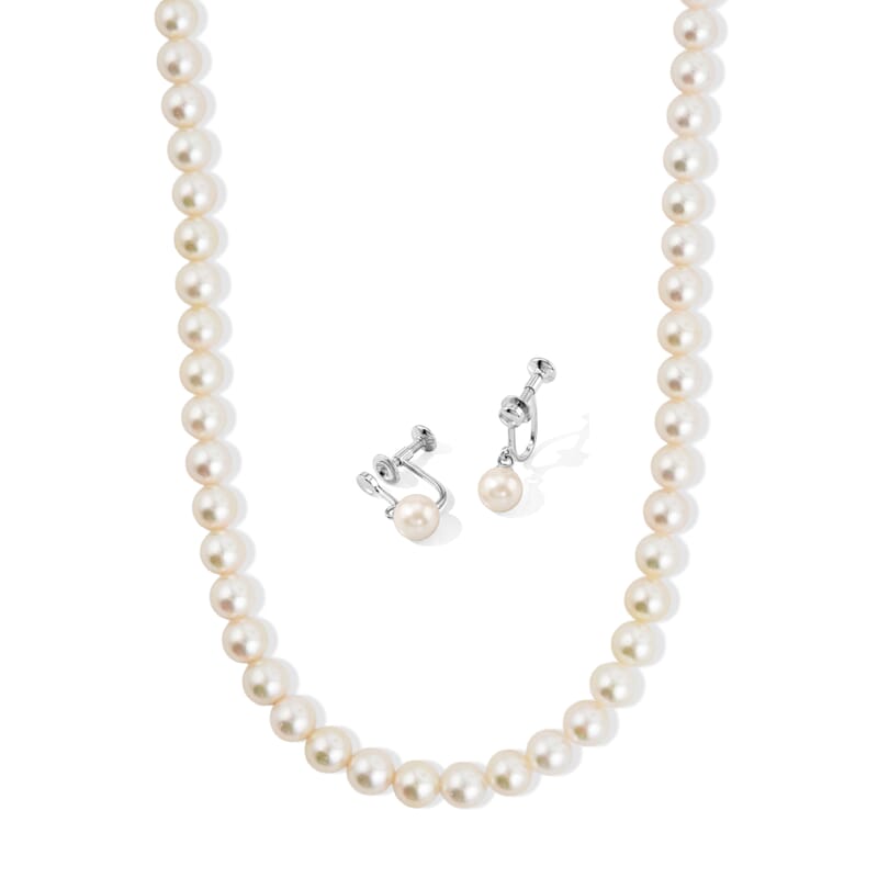 Japanese Akoya Pearl Earrings and Necklace in Sterling Silver 16 Inches