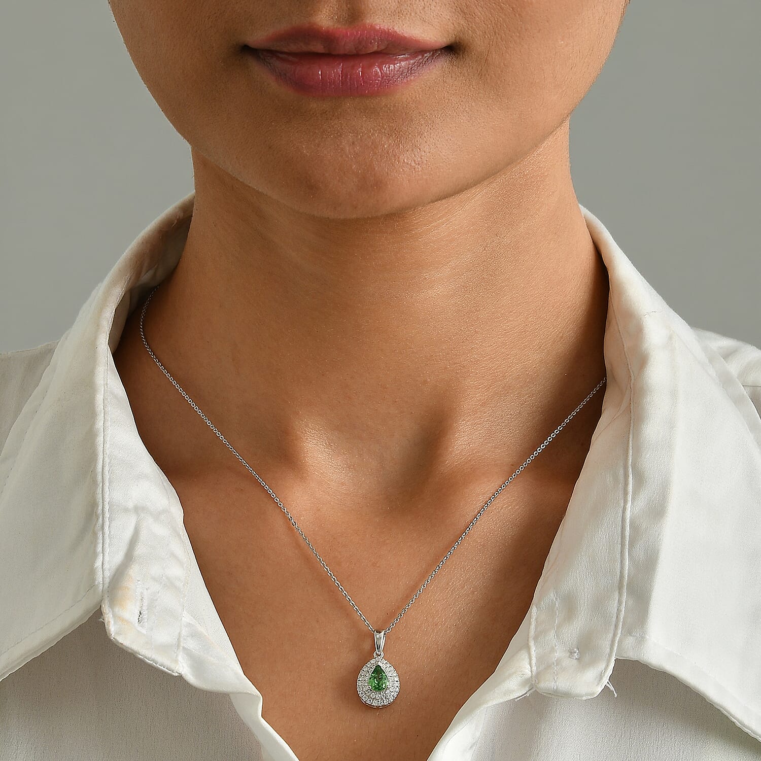D'Joy Premium Tsavorite Garnet and Moissanite 1.00 ctw Pendant Necklace in Rhodium Over Sterling Silver 20 Inches