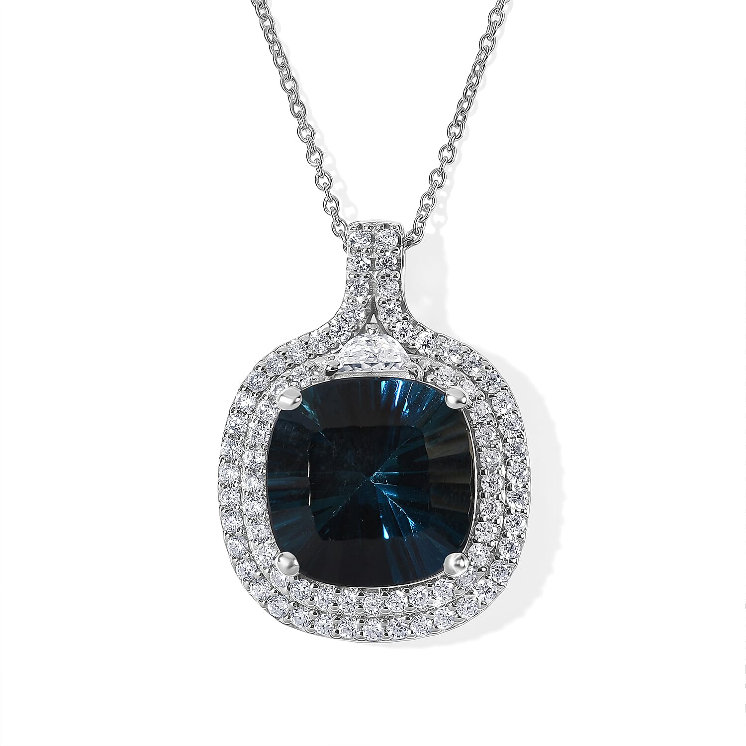 Certified and Appraised D'Joy Premium Concave Cut London Blue Topaz and Moissanite 11.65 ctw Pendant Necklace (18 Inches) in Rhodium Over Sterling Silver