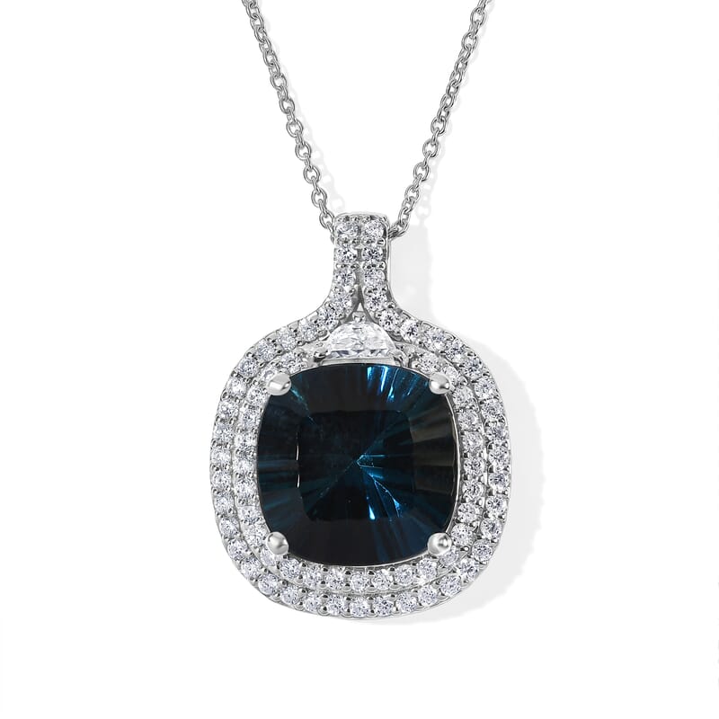 Certified and Appraised D'Joy Premium Concave Cut London Blue Topaz and Moissanite 11.65 ctw Pendant Necklace (18 Inches) in Rhodium Over Sterling Silver
