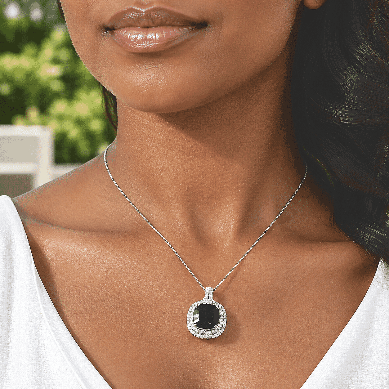 Certified and Appraised D'Joy Premium Concave Cut London Blue Topaz and Moissanite 11.65 ctw Pendant Necklace (18 Inches) in Rhodium Over Sterling Silver
