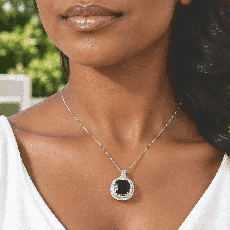 Certified and Appraised D'Joy Premium Concave Cut London Blue Topaz and Moissanite 11.65 ctw Pendant Necklace (18 Inches) in Rhodium Over Sterling Silver