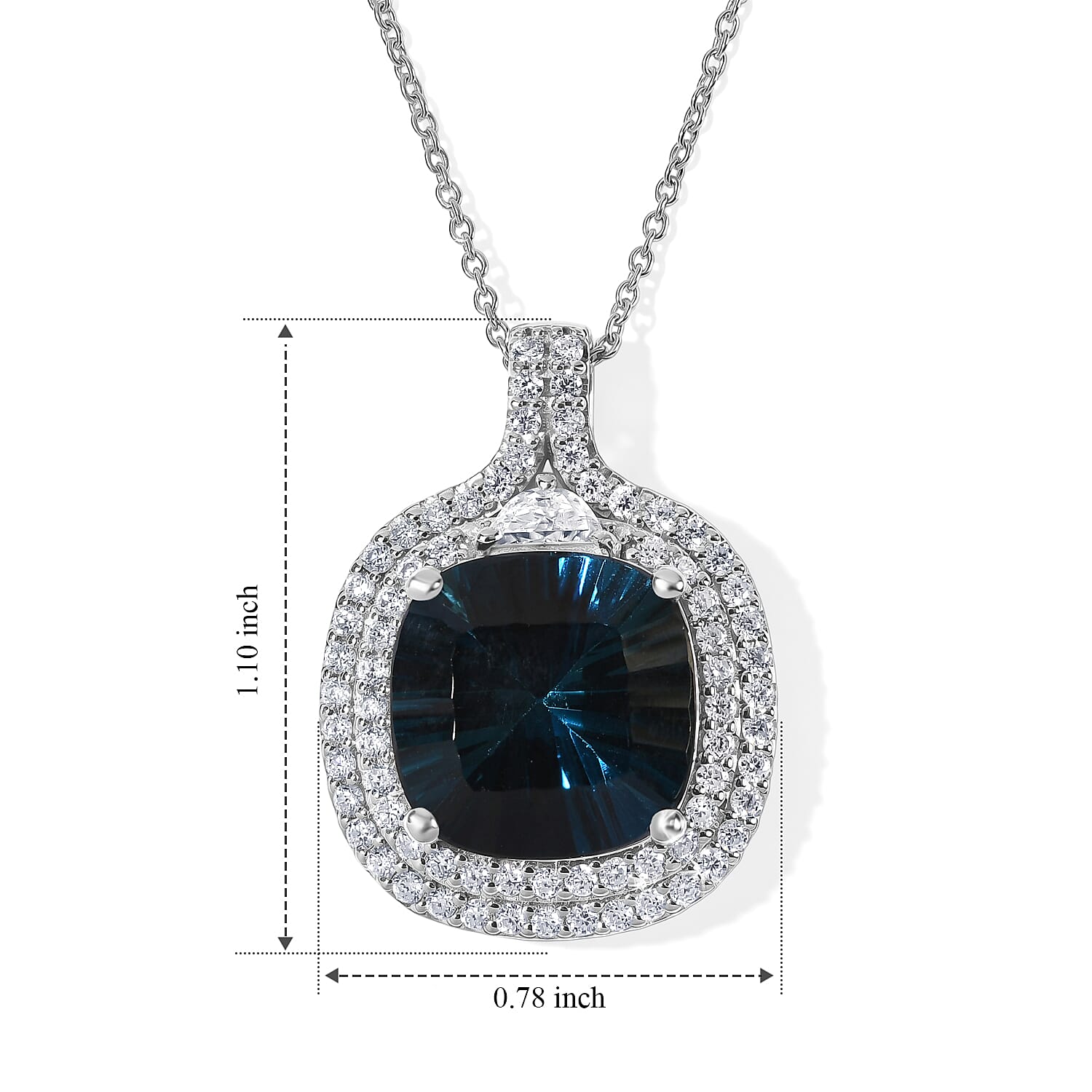 Certified and Appraised D'Joy Premium Concave Cut London Blue Topaz and Moissanite 11.65 ctw Pendant Necklace (18 Inches) in Rhodium Over Sterling Silver
