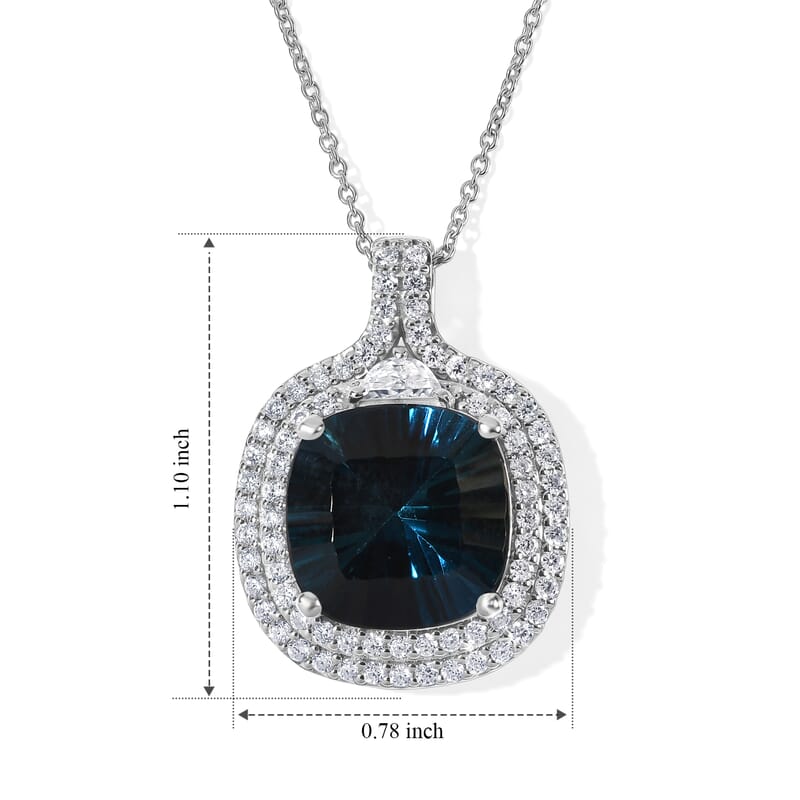 Certified and Appraised D'Joy Premium Concave Cut London Blue Topaz and Moissanite 11.65 ctw Pendant Necklace (18 Inches) in Rhodium Over Sterling Silver