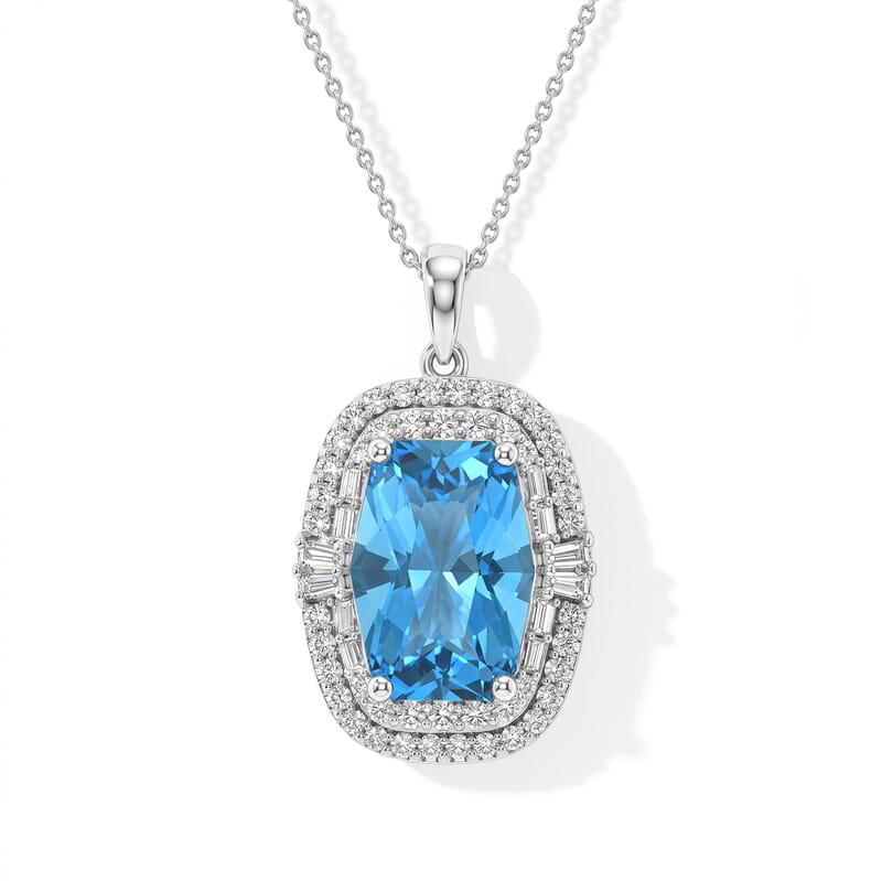 Certified and Appraised D'Joy Premium Swiss Blue Topaz and Moissanite 7.57 ctw Pendant Necklace (18 Inches) in Rhodium Over Sterling Silver