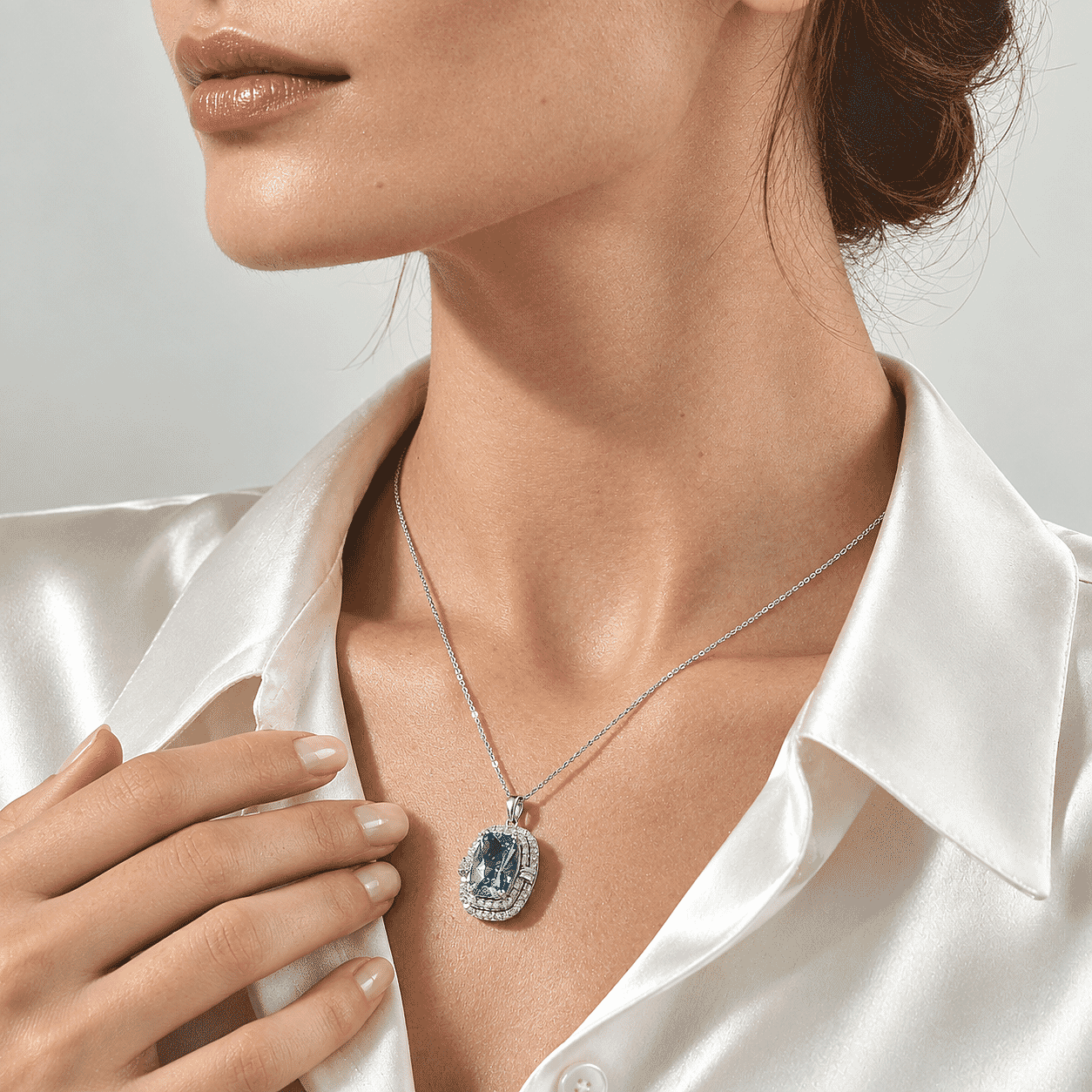 Certified and Appraised D'Joy Premium Swiss Blue Topaz and Moissanite 7.57 ctw Pendant Necklace (18 Inches) in Rhodium Over Sterling Silver