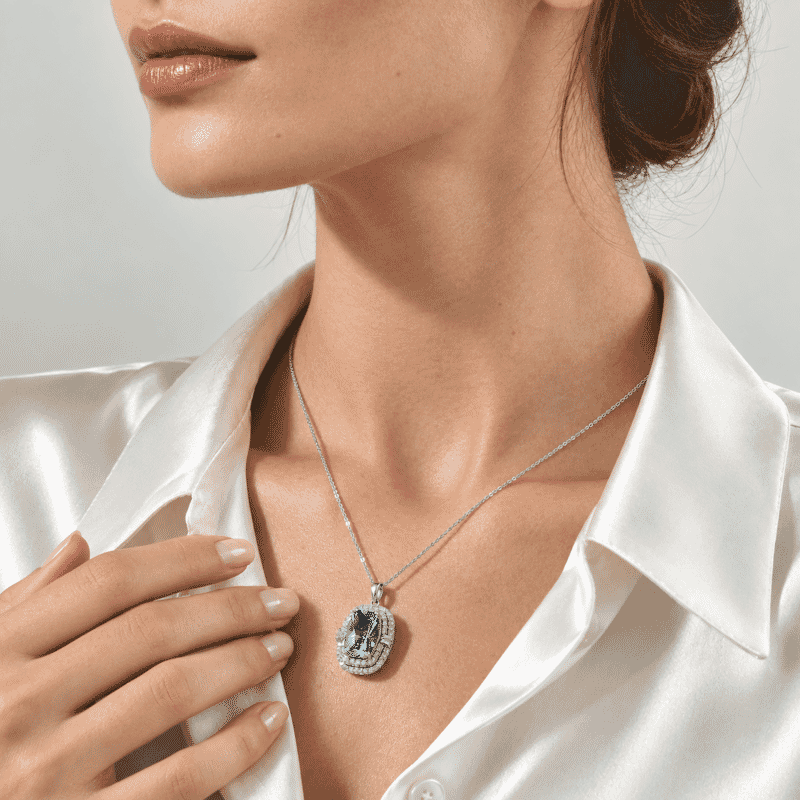 Certified and Appraised D'Joy Premium Swiss Blue Topaz and Moissanite 7.57 ctw Pendant Necklace (18 Inches) in Rhodium Over Sterling Silver