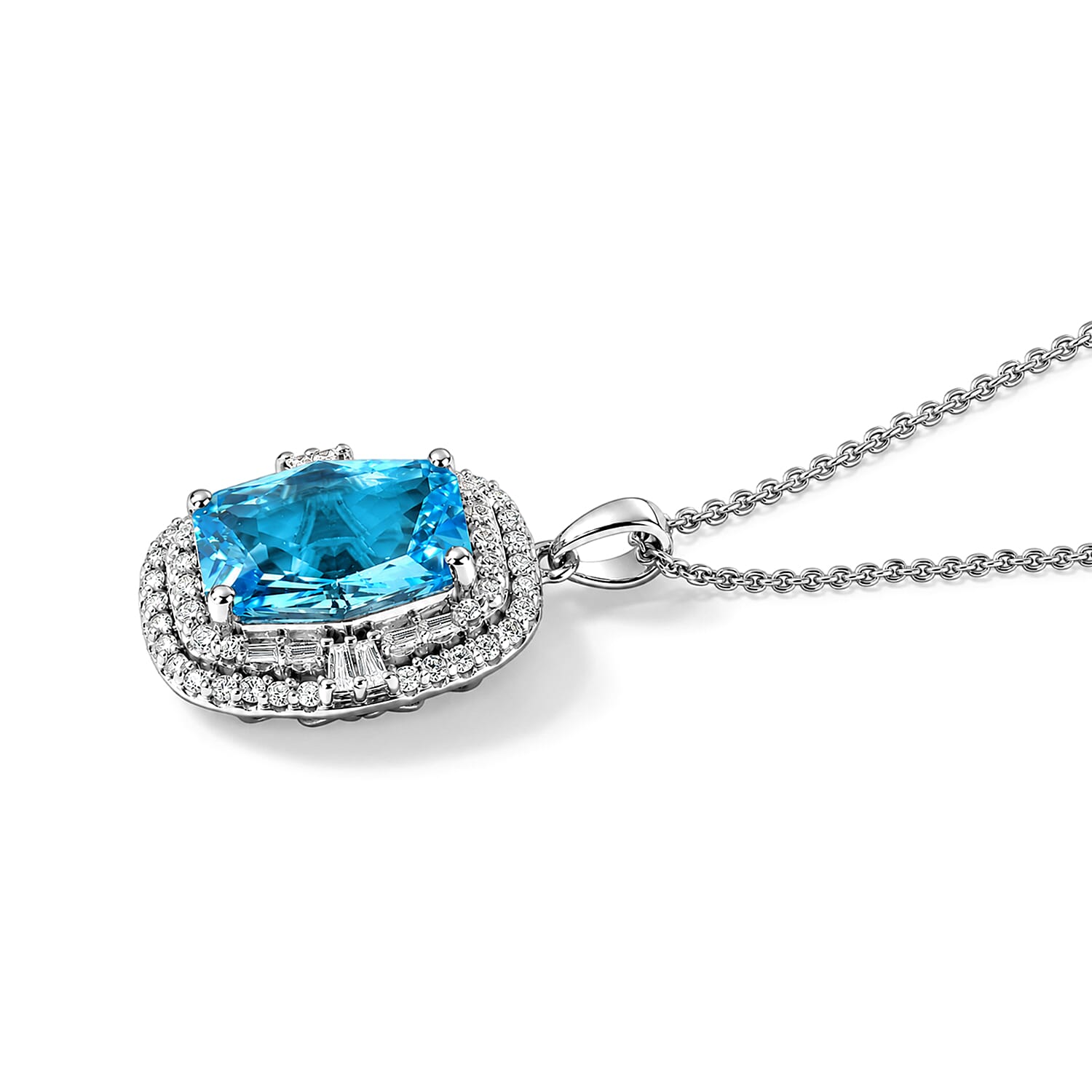 Certified and Appraised D'Joy Premium Swiss Blue Topaz and Moissanite 7.57 ctw Pendant Necklace (18 Inches) in Rhodium Over Sterling Silver