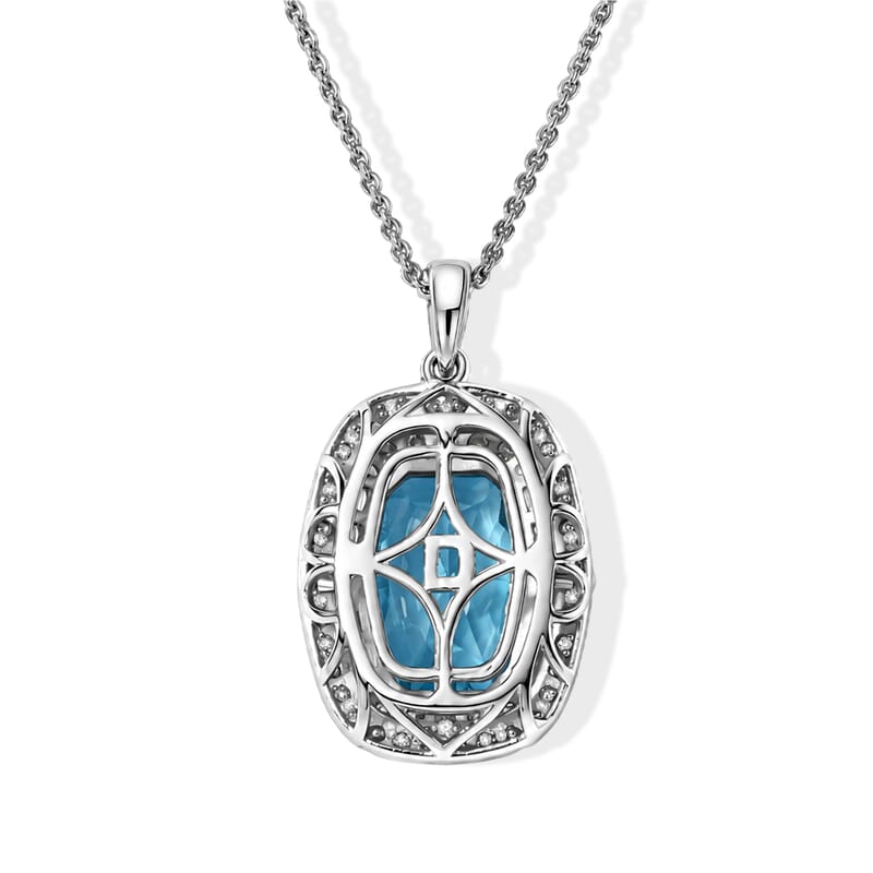 Certified and Appraised D'Joy Premium Swiss Blue Topaz and Moissanite 7.57 ctw Pendant Necklace (18 Inches) in Rhodium Over Sterling Silver