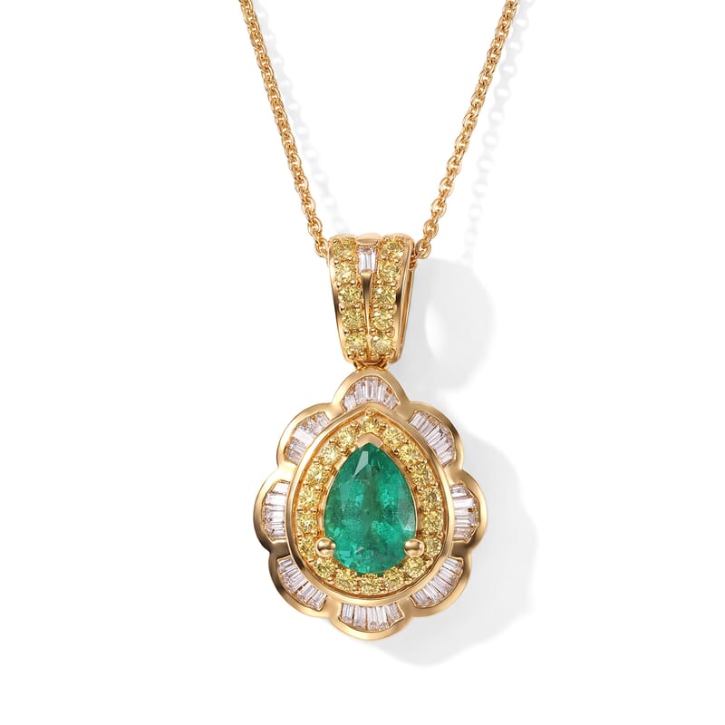 Doorbuster Premium Kagem Zambian Emerald, Yellow Sapphire and Diamond 1.90 ctw Pendant Necklace in 18K Vermeil Yellow Gold Over Sterling Silver 20 Inches