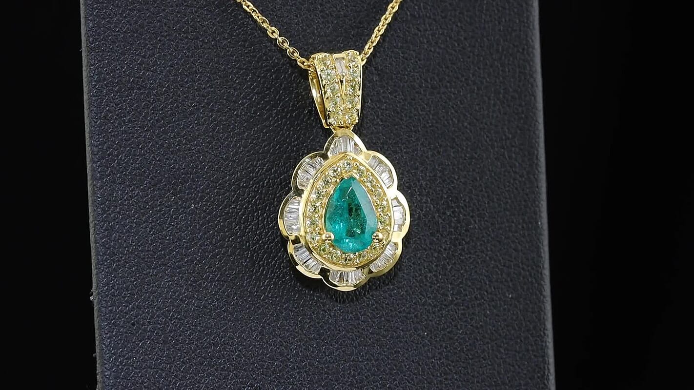Doorbuster Premium Kagem Zambian Emerald, Yellow Sapphire and Diamond 1.90 ctw Pendant Necklace in 18K Vermeil Yellow Gold Over Sterling Silver 20 Inches