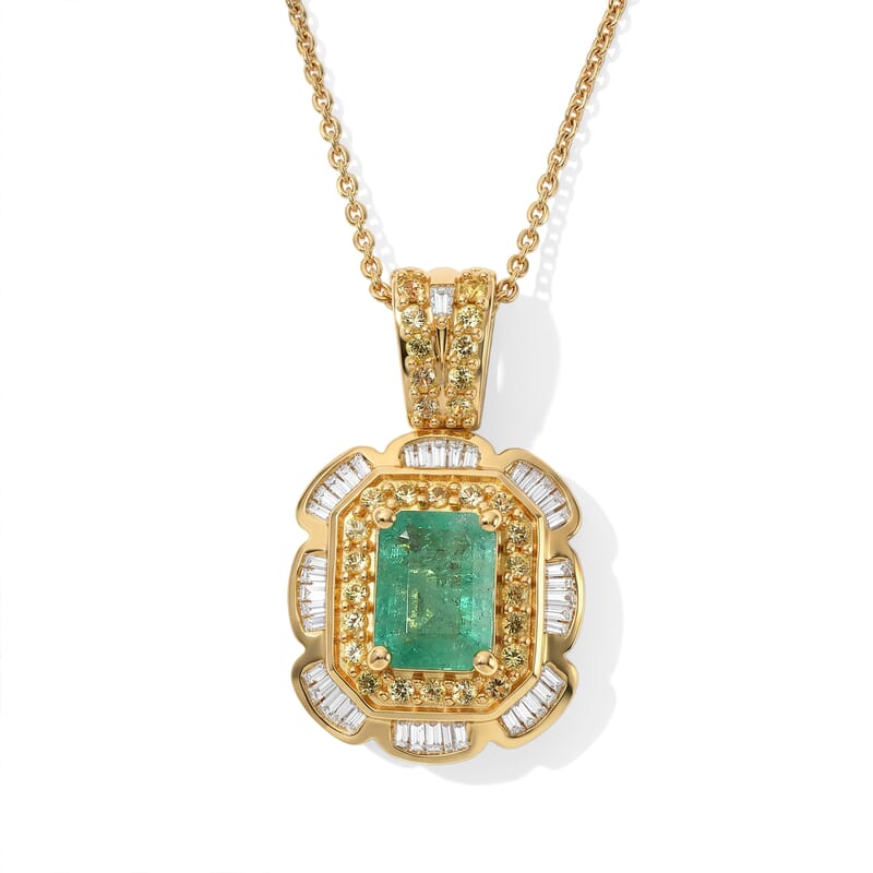 Doorbuster D'Joy Premium Kagem Zambian Emerald, Yellow Sapphire and Diamond 1.25 ctw Pendant Necklace (20 Inches) in 18K Vermeil Yellow Gold Over Sterling Silver