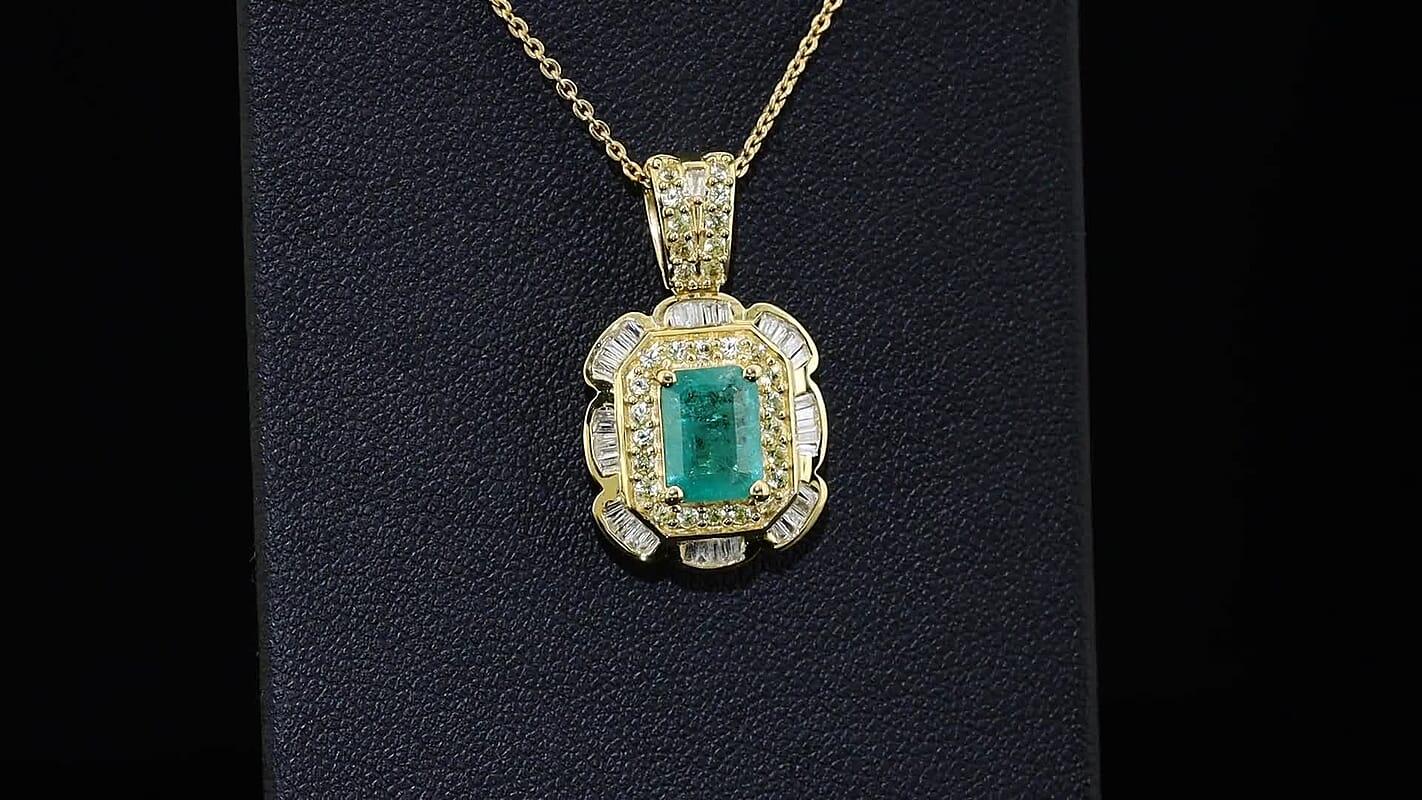 Doorbuster D''Joy Premium Kagem Zambian Emerald, Yellow Sapphire and Diamond 1.25 ctw Pendant Necklace (20 Inches) in 18K Vermeil Yellow Gold Over Sterling Silver