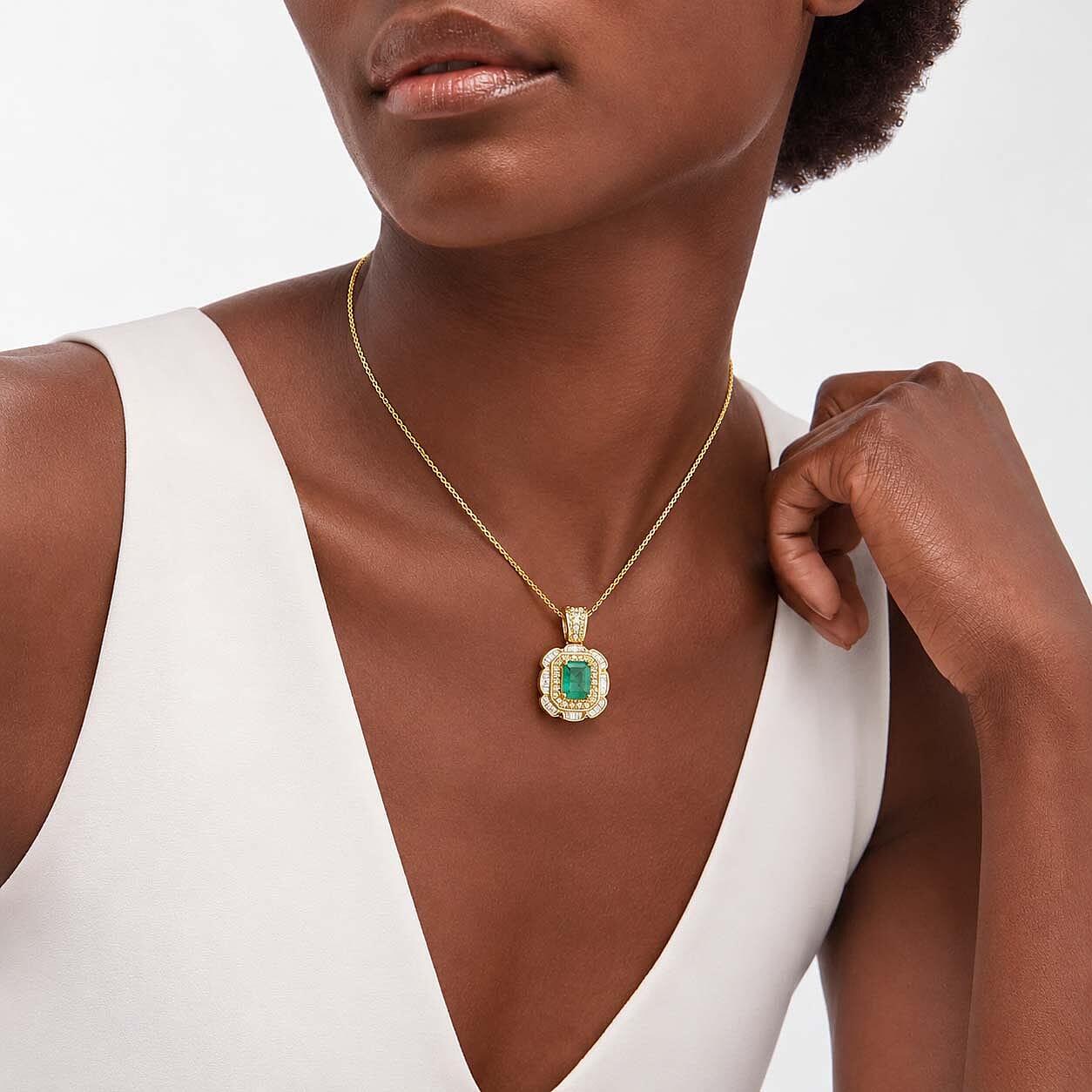 Doorbuster D'Joy Premium Kagem Zambian Emerald, Yellow Sapphire and Diamond 1.25 ctw Pendant Necklace (20 Inches) in 18K Vermeil Yellow Gold Over Sterling Silver