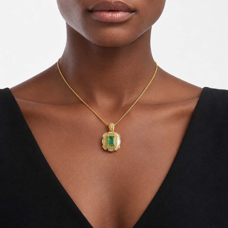 Doorbuster D'Joy Premium Kagem Zambian Emerald, Yellow Sapphire and Diamond 1.25 ctw Pendant Necklace (20 Inches) in 18K Vermeil Yellow Gold Over Sterling Silver