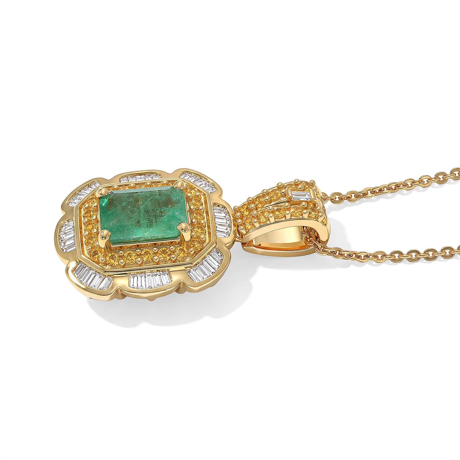 Doorbuster D'Joy Premium Kagem Zambian Emerald, Yellow Sapphire and Diamond 1.25 ctw Pendant Necklace (20 Inches) in 18K Vermeil Yellow Gold Over Sterling Silver