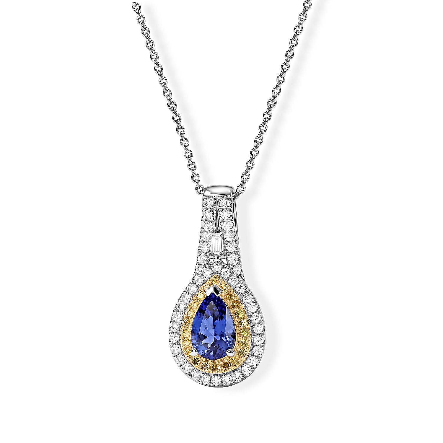 Doorbuster Premium Tanzanite, Natural Yellow and White Diamond 1.20 ctw Pendant Necklace (20 Inches) in Rhodium Over Sterling Silver