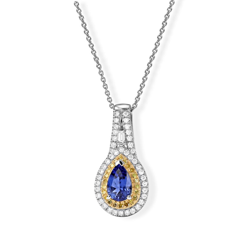 Doorbuster Premium Tanzanite, Natural Yellow and White Diamond 1.20 ctw Pendant Necklace (20 Inches) in Rhodium Over Sterling Silver