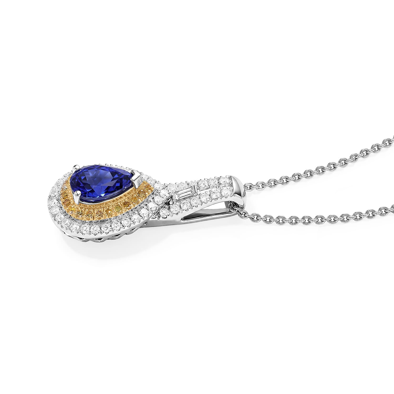 Doorbuster Premium Tanzanite, Natural Yellow and White Diamond 1.20 ctw Pendant Necklace (20 Inches) in Rhodium Over Sterling Silver