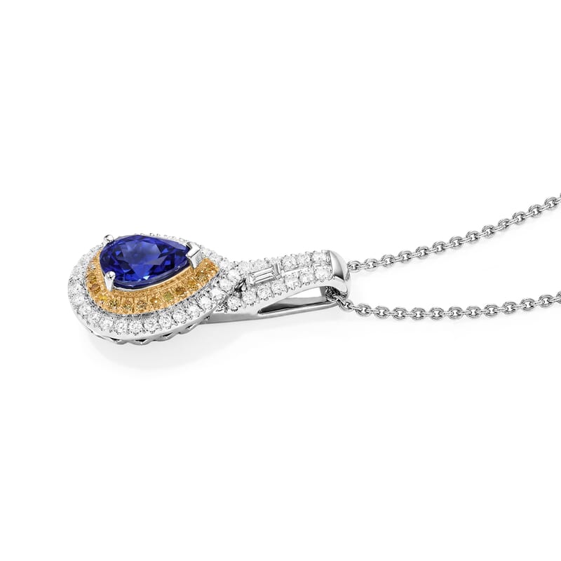 Doorbuster Premium Tanzanite, Natural Yellow and White Diamond 1.20 ctw Pendant Necklace (20 Inches) in Rhodium Over Sterling Silver
