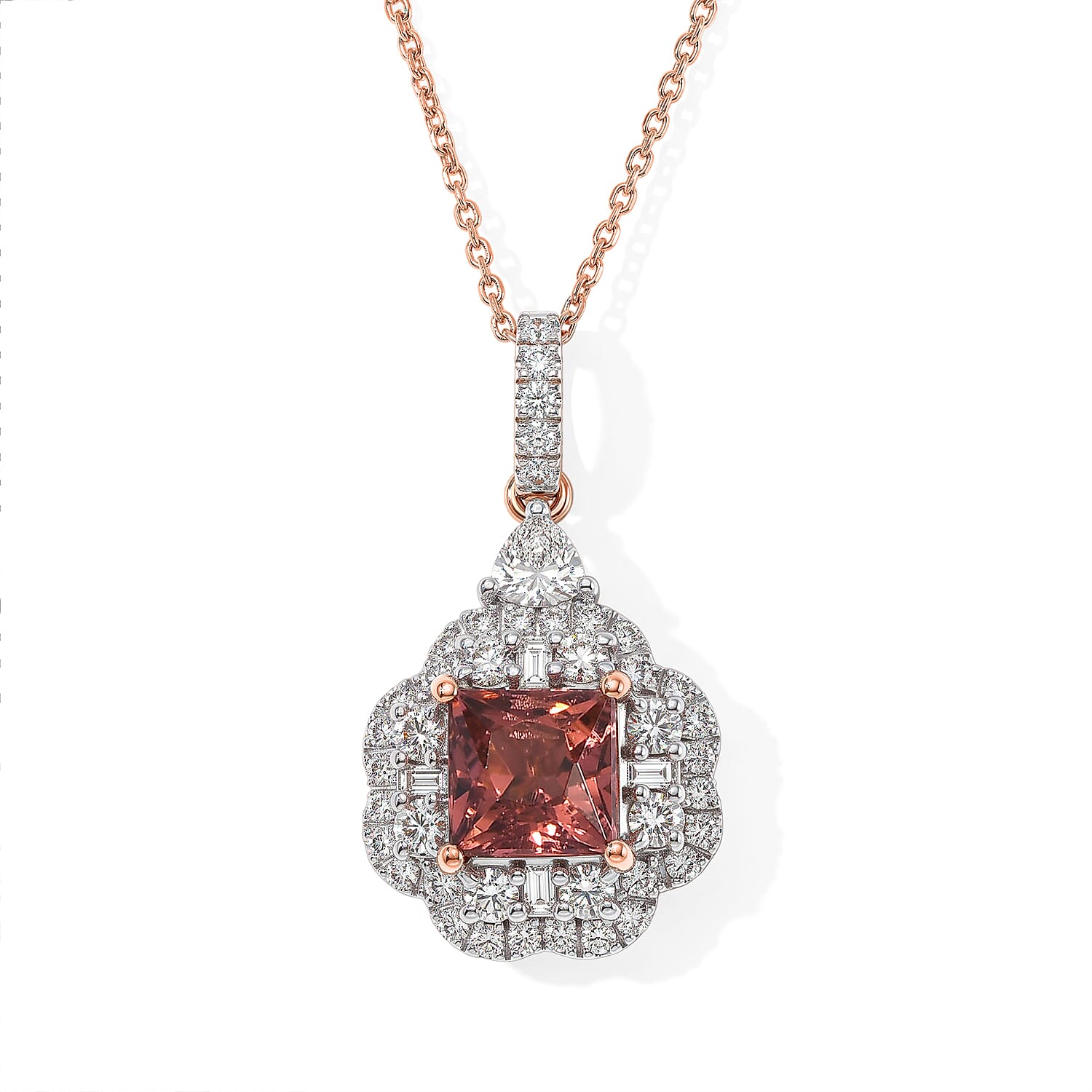 Certified & Appraised AAA Padparadscha Tourmaline and Luxuriant Lab Grown Diamond G-H SI 2.70 ctw Pendant Necklace in 10K Rose Gold 18 Inches