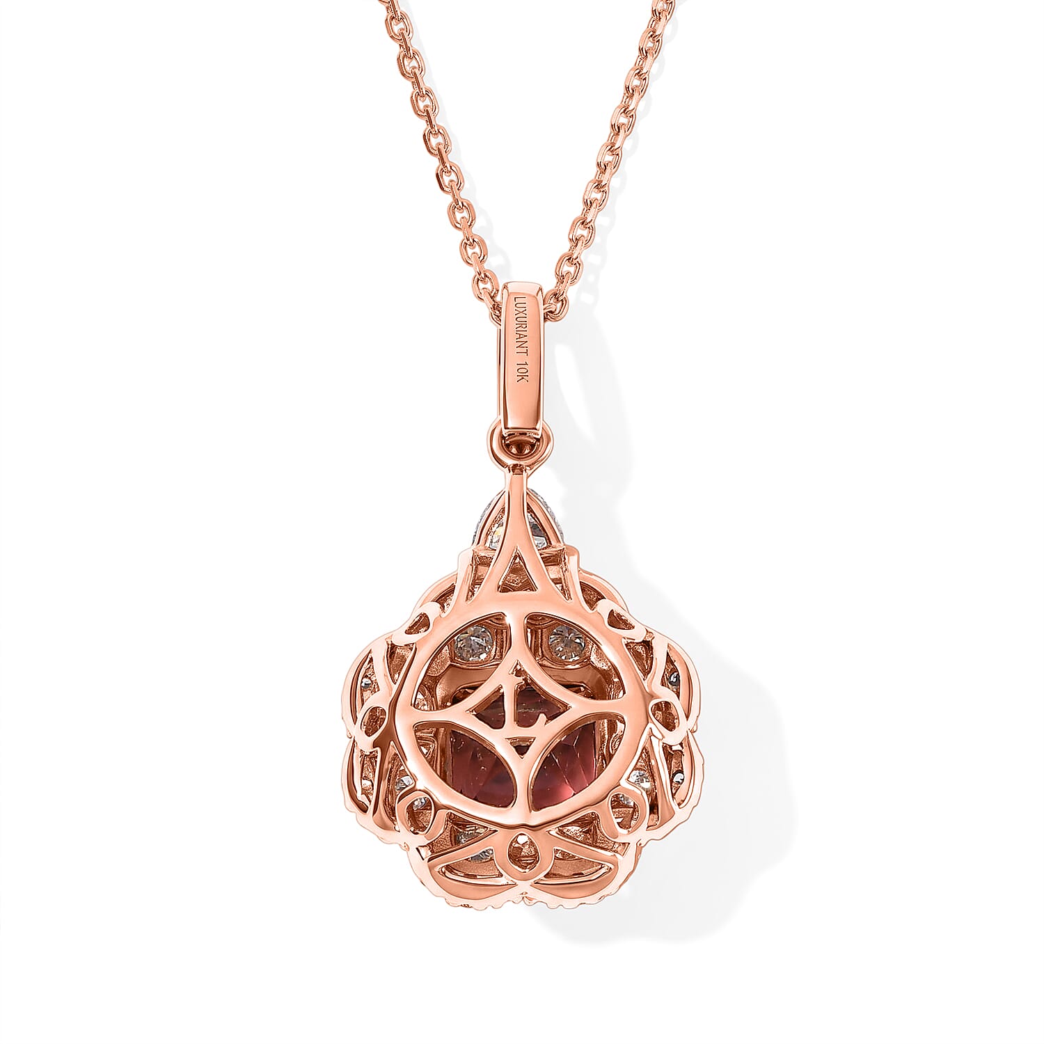Certified & Appraised AAA Padparadscha Tourmaline and Luxuriant Lab Grown Diamond G-H SI 2.70 ctw Pendant Necklace in 10K Rose Gold 18 Inches