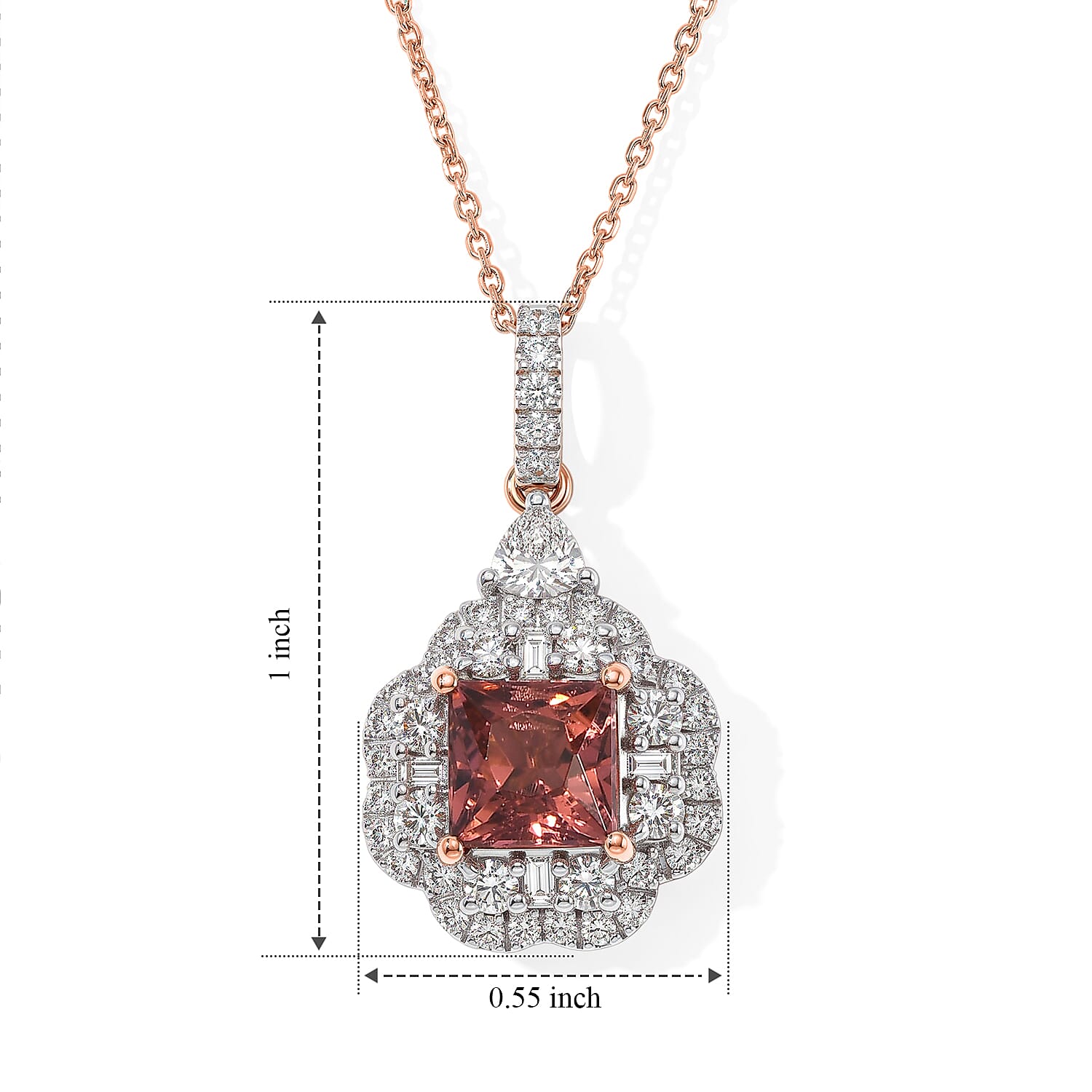 Certified & Appraised AAA Padparadscha Tourmaline and Luxuriant Lab Grown Diamond G-H SI 2.70 ctw Pendant Necklace in 10K Rose Gold 18 Inches