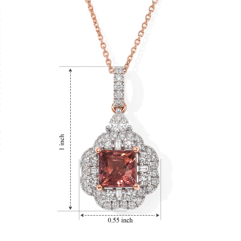 Certified & Appraised AAA Padparadscha Tourmaline and Luxuriant Lab Grown Diamond G-H SI 2.70 ctw Pendant Necklace in 10K Rose Gold 18 Inches
