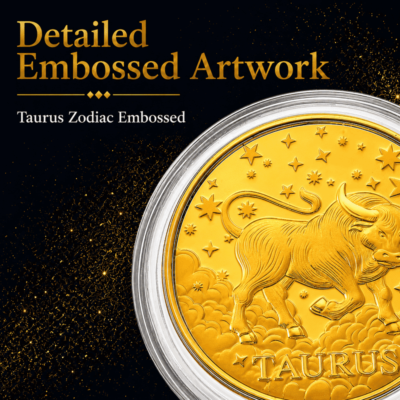 Set of 6 24K Gold Celestial Zodiac Collection - Taurus Embossed Double View Coin Sheet 60mg (50mm)