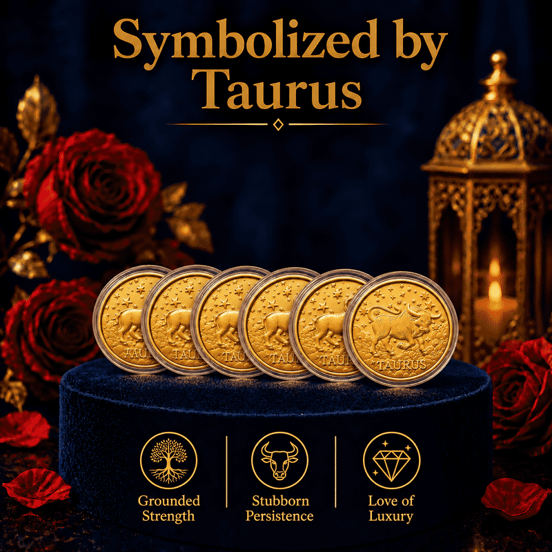 Set of 6 24K Gold Celestial Zodiac Collection - Taurus Embossed Double View Coin Sheet 60mg (50mm)