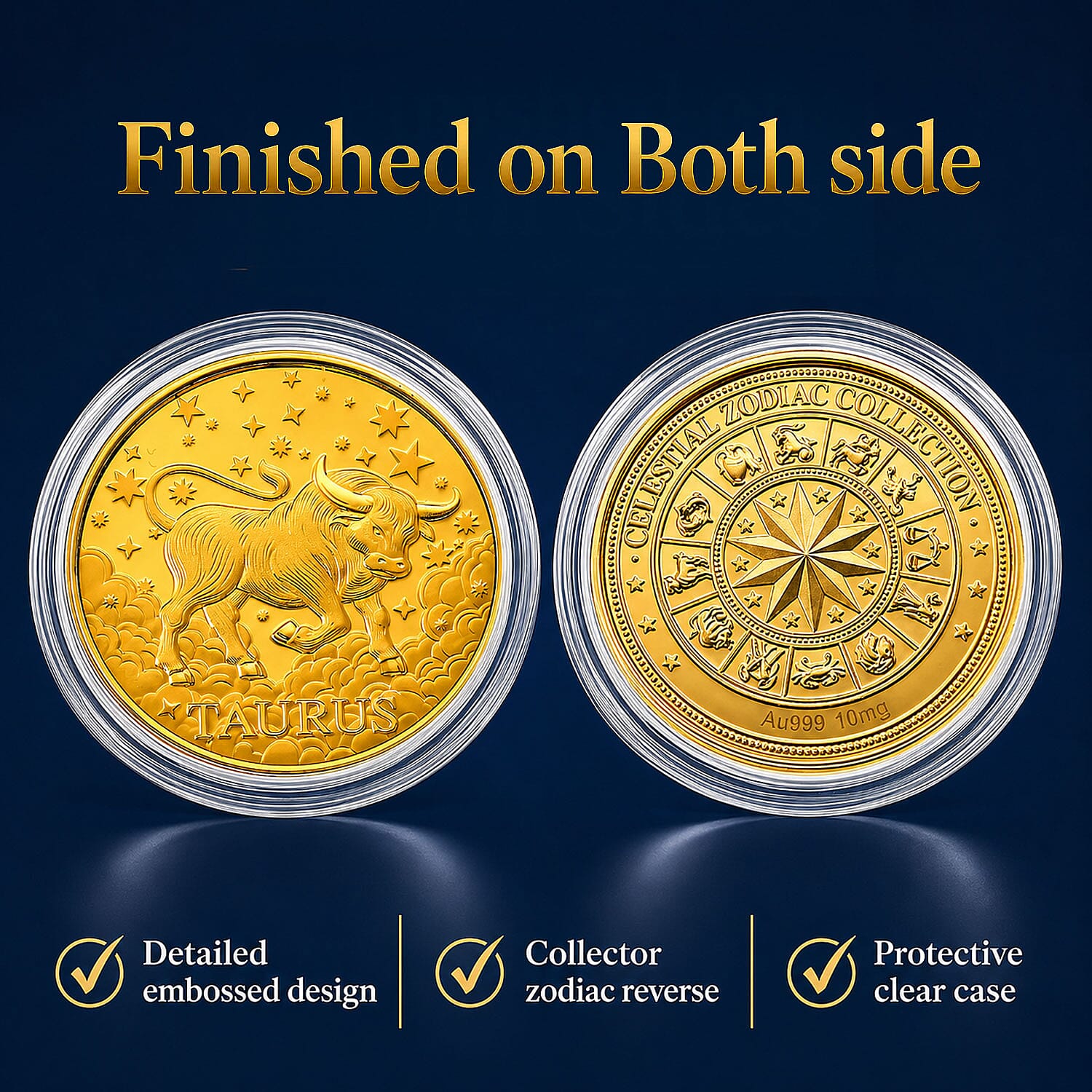 Set of 6 24K Gold Celestial Zodiac Collection - Taurus Embossed Double View Coin Sheet 60mg (50mm)