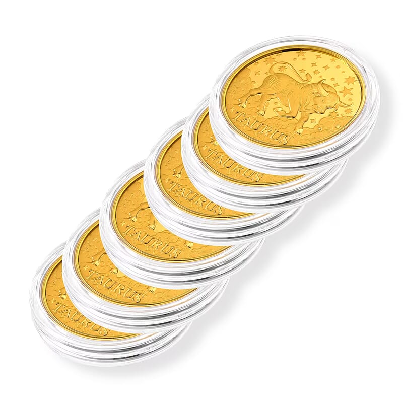 Set of 6 24K Gold Celestial Zodiac Collection - Taurus Embossed Double View Coin Sheet 60mg (50mm)