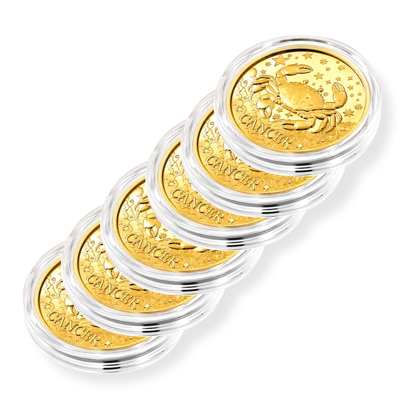 Set of 6 24K Gold Celestial Zodiac Collection - Cancer Embossed Double View Coin Sheet 60mg (50mm)