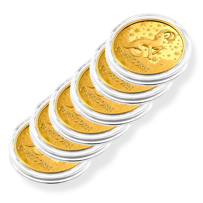 Set of 6 24K Gold Celestial Zodiac Collection - Capricorn Embossed Double View Coin Sheet 60mg (50mm)