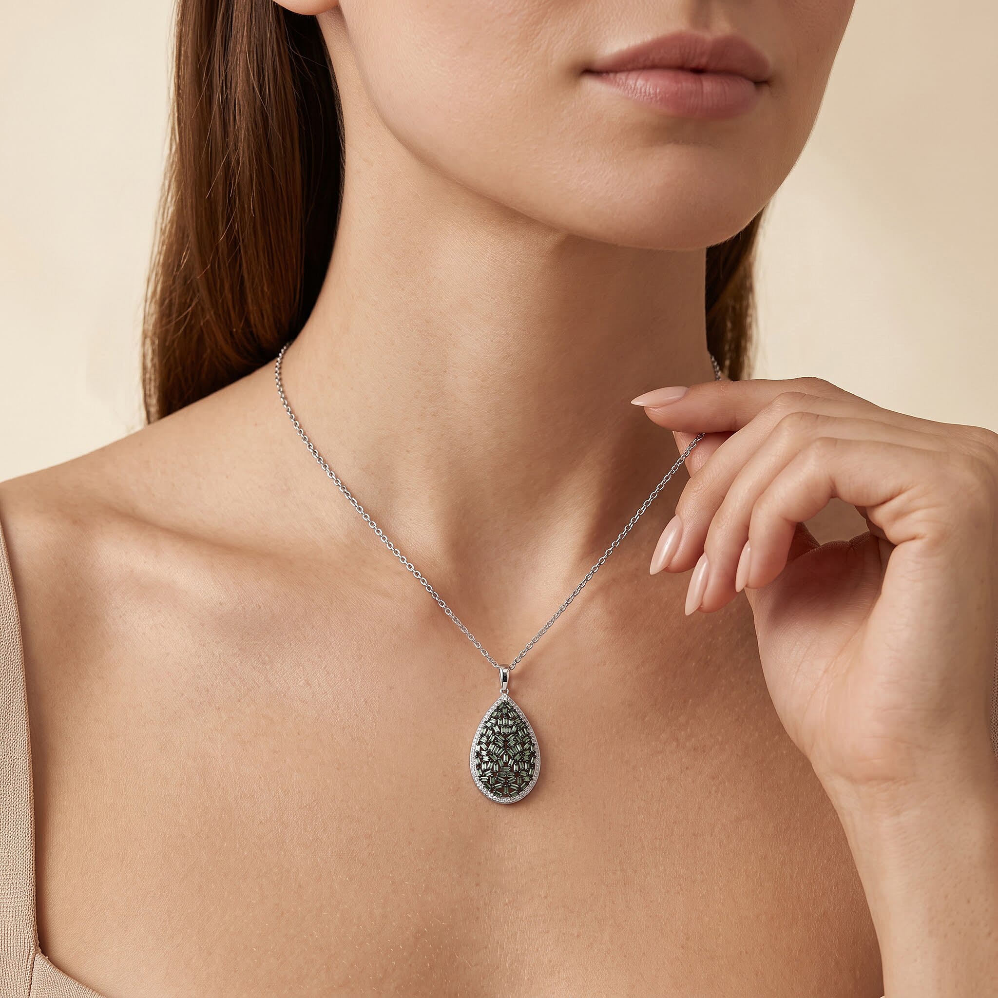 Luxuriant Lab Grown Green Diamond (IR) and Lab Grown Diamond SI 1.00 ctw Pear Shape Pendant Necklace in Rhodium Over Sterling Silver 18-20 Inches