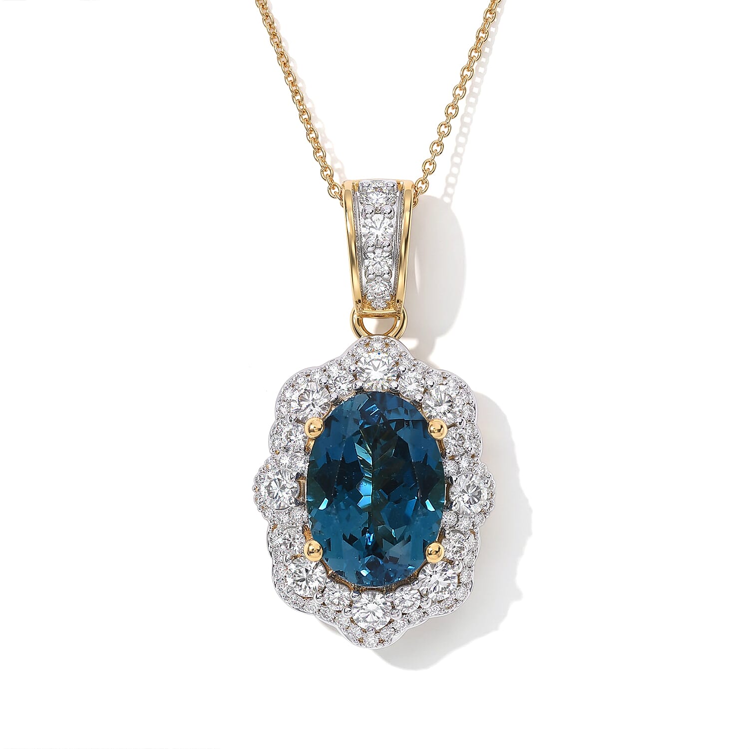 Doorbuster D'Joy Premium London Blue Topaz and Moissanite 9.60 ctw Pendant Necklace in 18K Vermeil Yellow Gold Over Sterling Silver 20 Inches